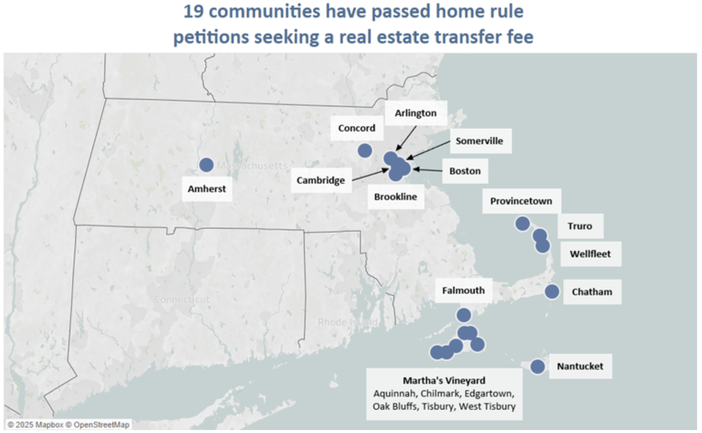 map of 19 MA communities that have passed home rule petitions