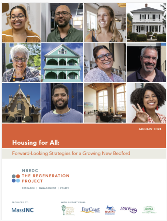 report cover featuring a series of photos of people and houses above title and sponsors.